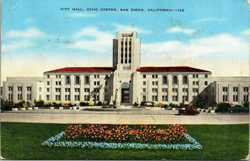 City Hall Civic Center San Diego CA California Old Car VTG Postcard PM WOB Note 