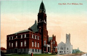 Postcard ON Fort William City Hall & Church Mailbox Dirt Road ~1910 K41