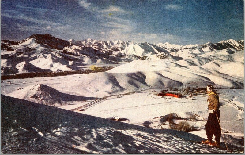 Vtg 1950s Skier Skiing Ski Slopes Winter Sports at Sun Valley Idaho ID Postcard