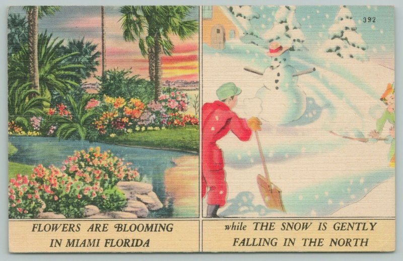 Miami Florida Comic~Flowers Bloom In Winter~North Snowman~Shovel~1940 Linen