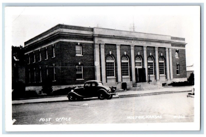 Holton Kansas KS Postcard RPPC Photo Post Office Building Car Scene 1961 Posted