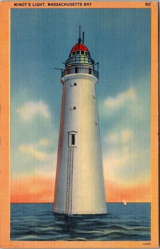 VINTAGE POSTCARD 'MINOT'S LIGHT',  LIGHTHOUSE. AT MASSACHUSETTS BAY 