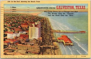 Postcard TX Galveston In the Surf showing the Beach front aerial