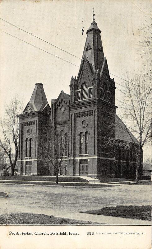 Fairfield Iowa~First Presbyterian Church~Bare Trees Along S Main Street~1912 PC