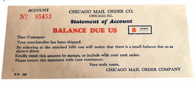 Vintage Chicago Mail Order Company Statement of Account Pink Slip 