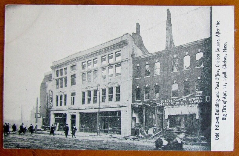 CHELSEA MA ODD FELLOWS BUILDING & POST OFFICE AFTER 1908 FIRE ANTIQUE POSTCARD