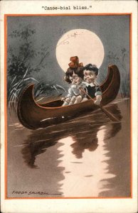 A/s Fred Spurgin CHILDREN ROMANCE Cute Kids in Canoe Antique Postcard
