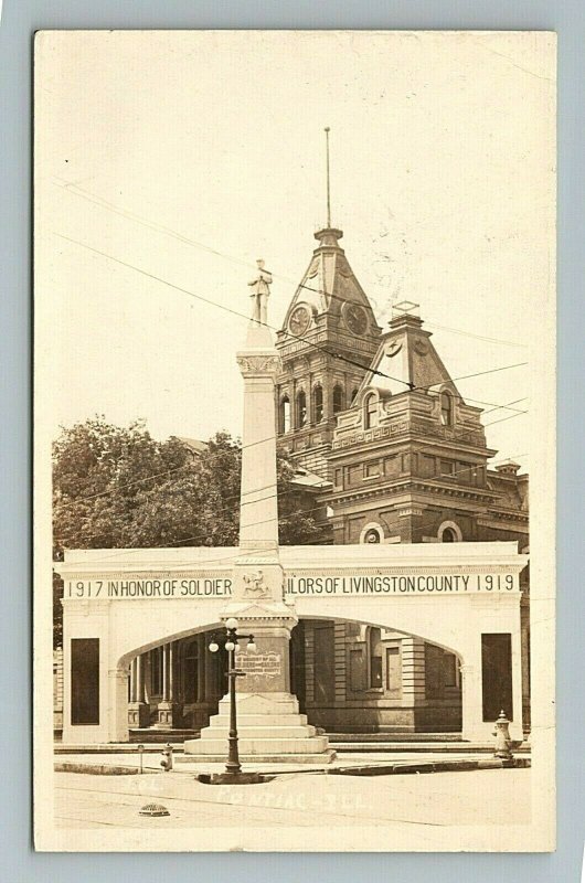 Livingston County Soldier Memorial, Main Madison, Pontiac Illinois Postcard RPPC