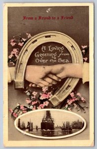 Friendship Greetings Hands Over The Sea Port Scene, 1921 Anglo New Art Postcard