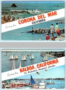 2 Postcards NEWPORT HARBOR, CA ~ Greetings from Coronal Del Mar & Balboa c1960s