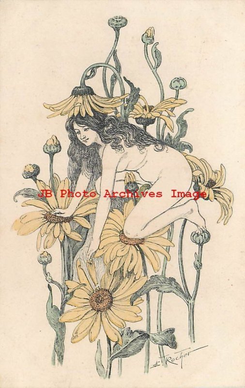 E Rocher, Unknown Pub, Woman Climbing on Sun Flowers, Art Nouveau