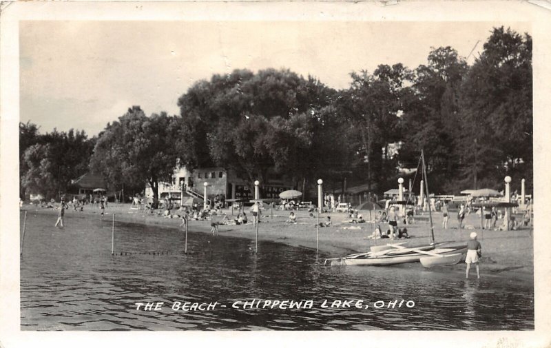 F51/ Chippewa Lake Medina Ohio RPPC Postcard 1942 Beach Bathers Boats 3