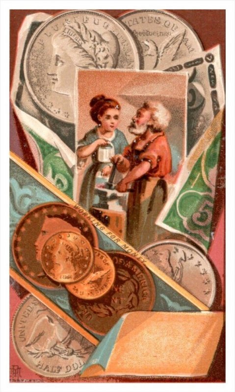 20038  Victorian Card Working for Money, Coins, gold and silver