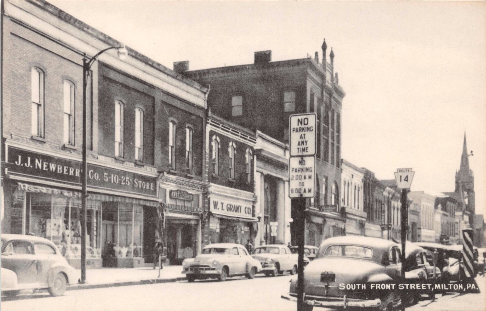 Milton PA South Front Street Postcard 1940s Newberry CO + W T Grant