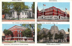 ELKHART, IN Indiana LIBRARY~HIGH SCHOOL~COURT HOUSE~PRESBYTERIAN CHURCH Postcard