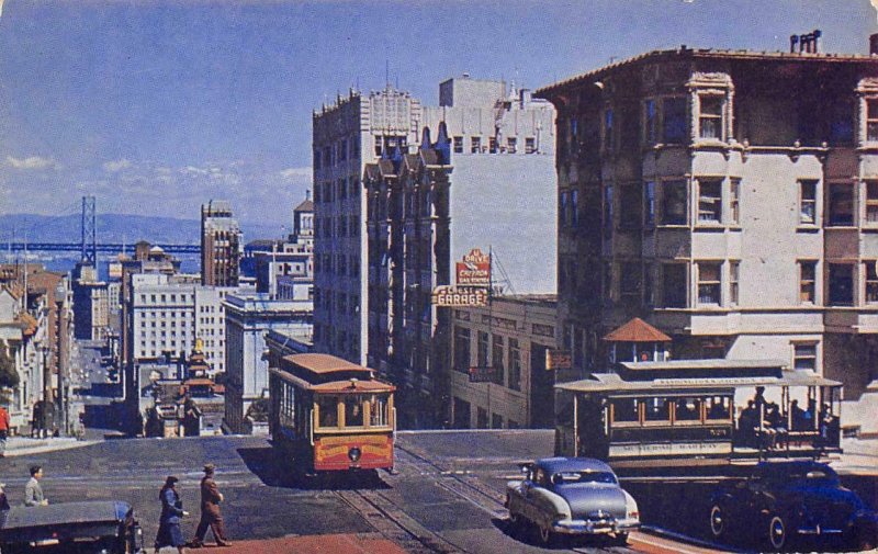 CABLE CARS Powell Street Scene SAN FRANCISCO Crest Garage 1950s Vintage Postcard
