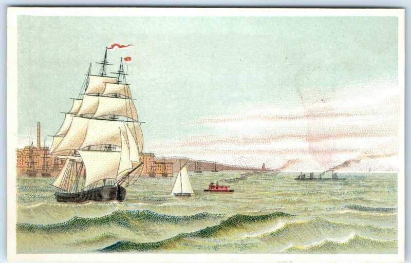 c1880s Barque Sail Boat Vessel Mast & Small Steamboats Trade Card Ship Ocean C30