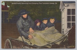 Lancaster Pennsylvania~Amish Family in Horse & Buggy~Linen Vintage Postcard