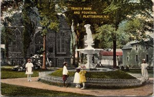 Postcard New York Plattsburgh Children in Trinity Park Water Fountain 1915 V191