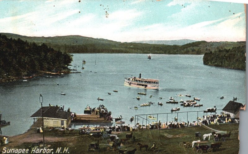 Vintage Postcard 1911 Sunapee Harbor Boats and Ships Horses New Hampshire NH