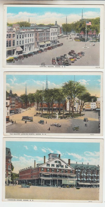 P2650 3 dif old postcard traffic old cars street scenes keene new hampshire