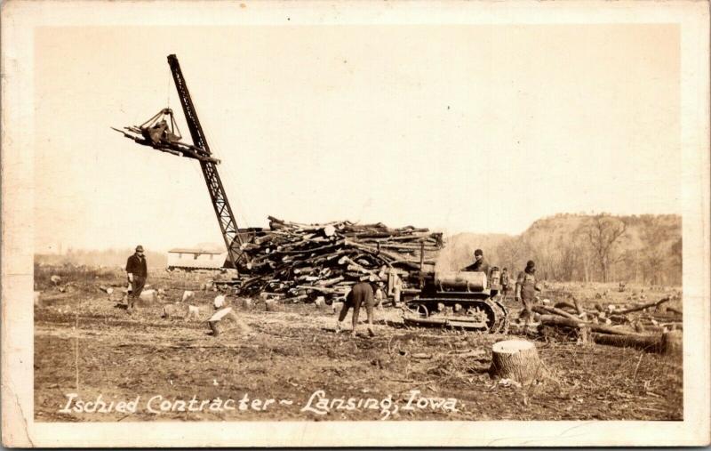 Lansing Iowa~Ischied Contractor~Dennison's Logging Crew~Crane~Tractor~1930s RPPC 