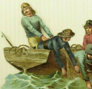 1880's Large Die-Cut Fishermen In Boat Sean Net Fab! 7N