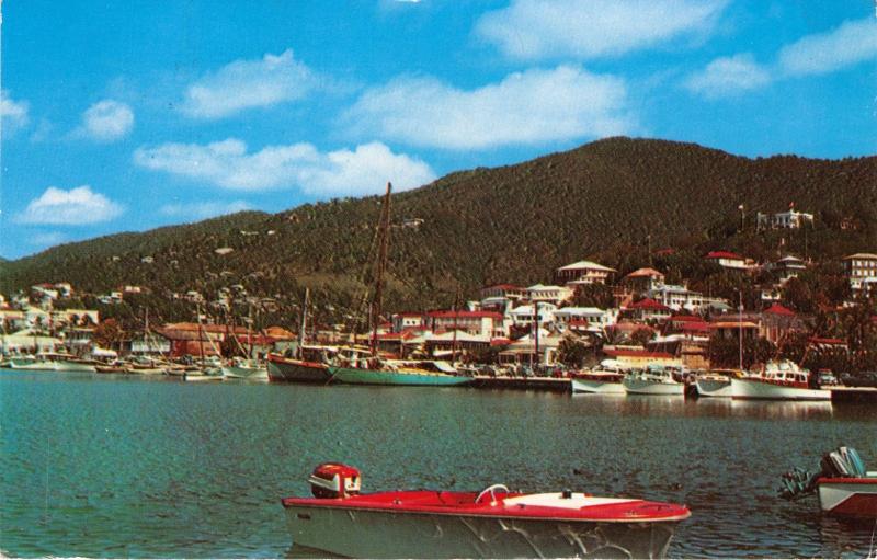 ST THOMAS VIRGIN ISLAND CHARLOTTE AMALIE~HARBOR VIEW~BOATS POSTCARD c1964