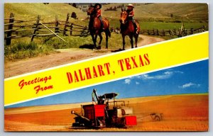 Dalhart Texas Banner~Horseback Riding~Red Combine Farm Harvest~1961 Postcard