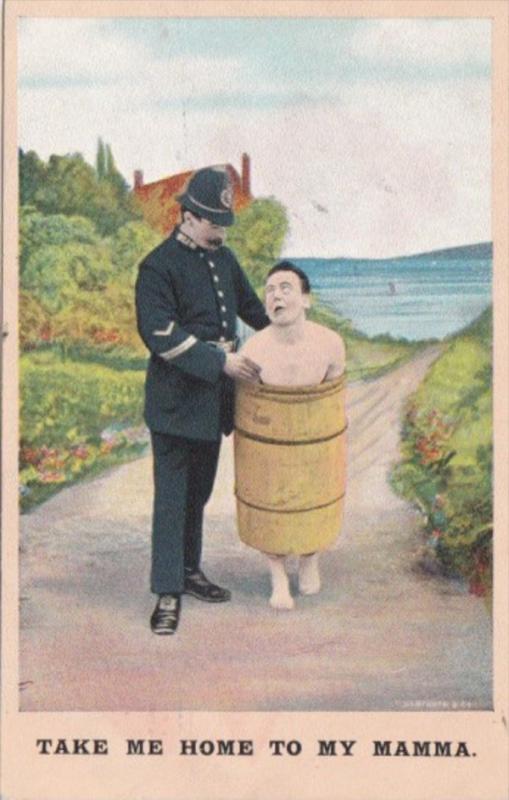 Bamforth Humour Policeman With Naked Man In Barrel Take Me Home To My Mamma