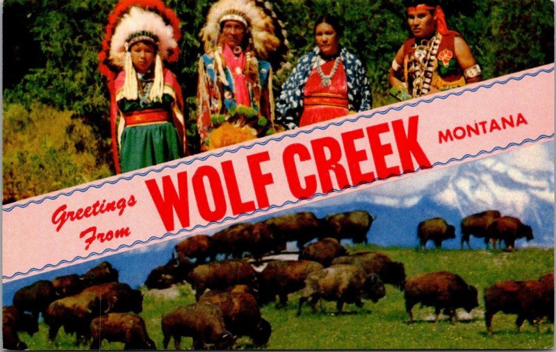 Greetings From Wolf Creek Montana Multi View Indians and Buffalo Herd