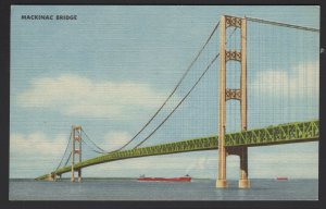 Michigan THE MACKINAC BRIDGE Longest Suspension Bridge Facts on Back ~ Linen