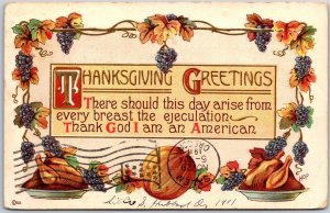 1911 Thanksgiving Greetings Turkey Fruits & Vegetables Wishes Posted Postcard