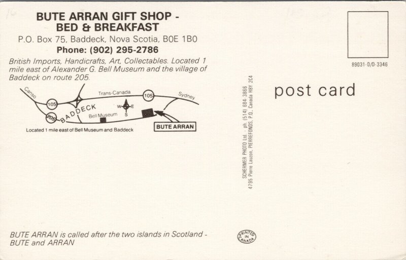 Bute Arran Gift Shop Bed & Breakfast Baddeck NS Nova Scotia Postcard F30