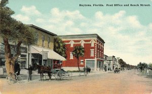 Daytona FL Post Office and Beach Street Horse & Wagon Hugh Leighton Postcard