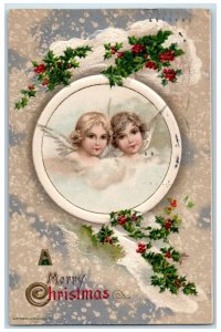 1910 Merry Christmas Holly Angels Cherub Head John Winsch Embossed Postcard