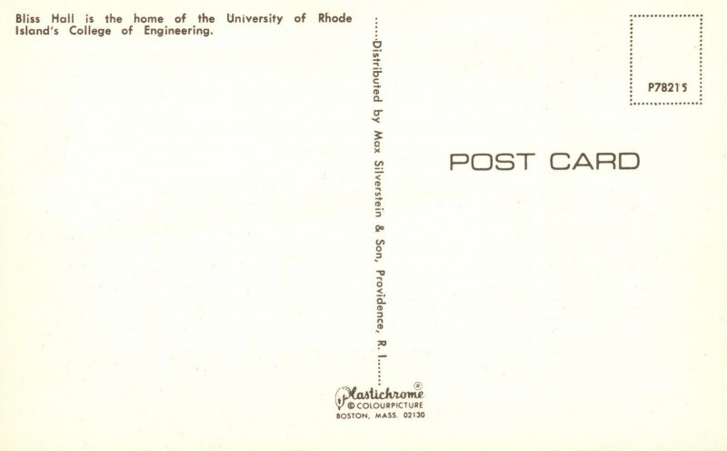 Vintage Postcard Bliss Hall University Of Rhode Island's College Of Engineering