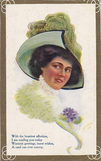 Beautiful Lady With Large Green Hat 1910