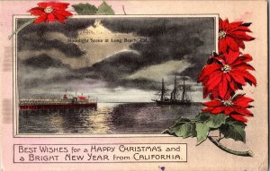 Holiday Greetings, Moonlight Scene at Long Beach CA c1912 Vintage Postcard N77