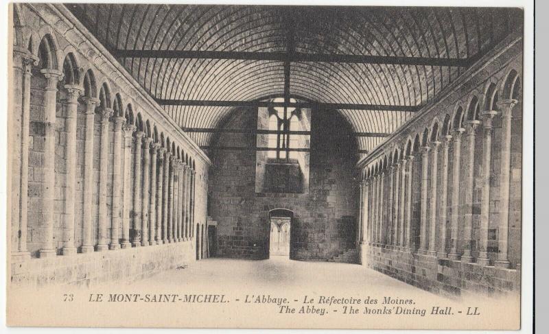 France; Mont St Michel, Monks Refectory PPC, Levy, LL 73, Unposted, c 1920's 