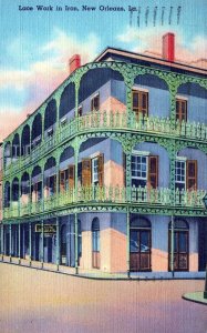 VINTAGE POSTCARD LACEWORK IN IRON BALCONY CORNER ROYAL & ST. PETER NEW ORLEANS