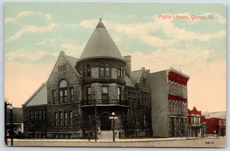 Quincy Illinois~Conical Tower Over Door @ Public Library~Bldgs w/Billboards~1910 