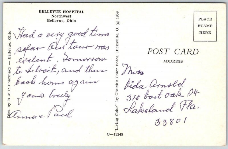 Bellevue Ohio 1960s Postcard Bellevue Hospital Northwest