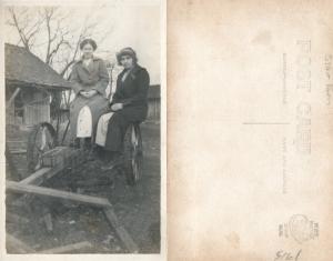 MOTHER & DAUGHTER WITH FARM EQUIPMENT ANTIQUE REAL PHOTO POSTCARD RPPC