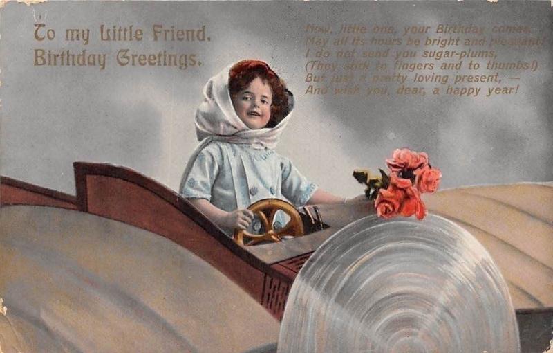 To My Little Friend Birthday Greetings Vintage Auto Car Cute Girl Red Roses Topics Greetings From Postcard Hippostcard