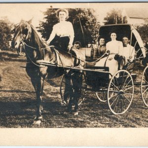 c1900s Horse Drawn Carriage RPPC Woman Riding Handsome Men Real Photo Farm A135