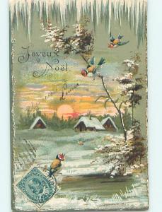 Pre-Linen christmas foreign ICICLES HANGING OVER CUTE BIRDS BY THE WATER HQ6959