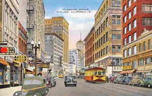 Telegraph Avenue Streetcar Drug Store Oakland California 1940s linen postcard