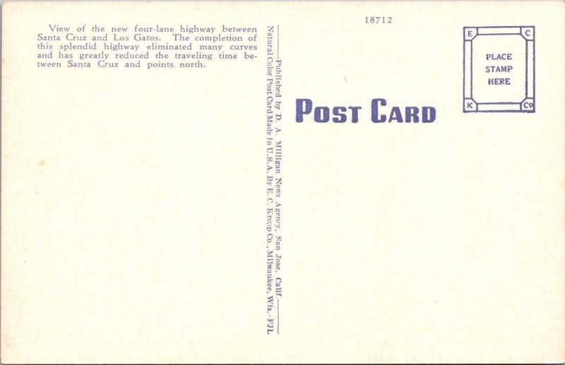 CA, California NEW SAN JOSE-SANTA CRUZ HIGHWAY Los Gatos ca1940's Linen Postcard