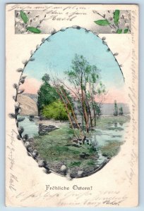 Berlin Germany Postcard Easter Big Egg River Scene Pipe Berries c1905 Antique